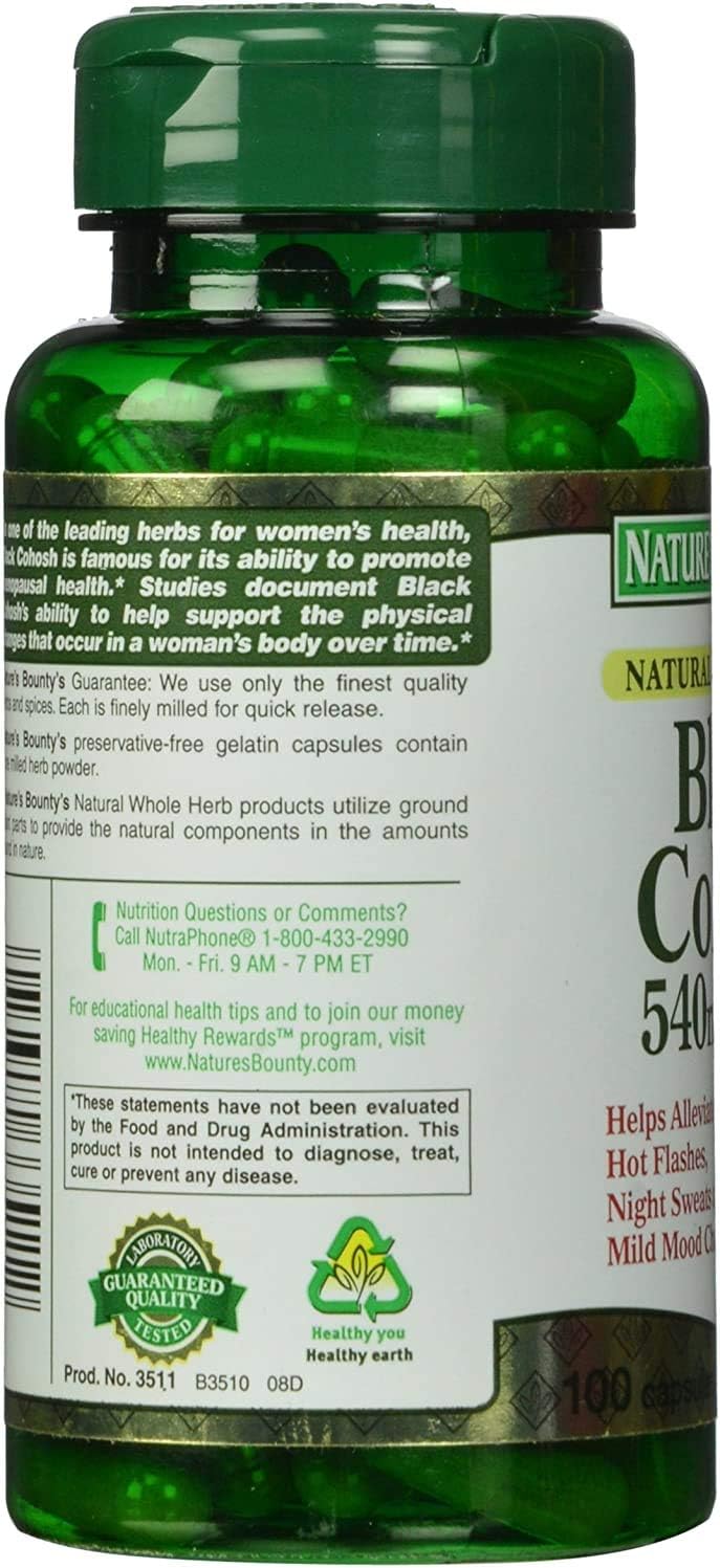 Nature's Bounty Black Cohosh Root Pills and Herbal Health Supplement, Natural Menopausal Support, 540 mg, 100 Capsules: Health & Personal Care