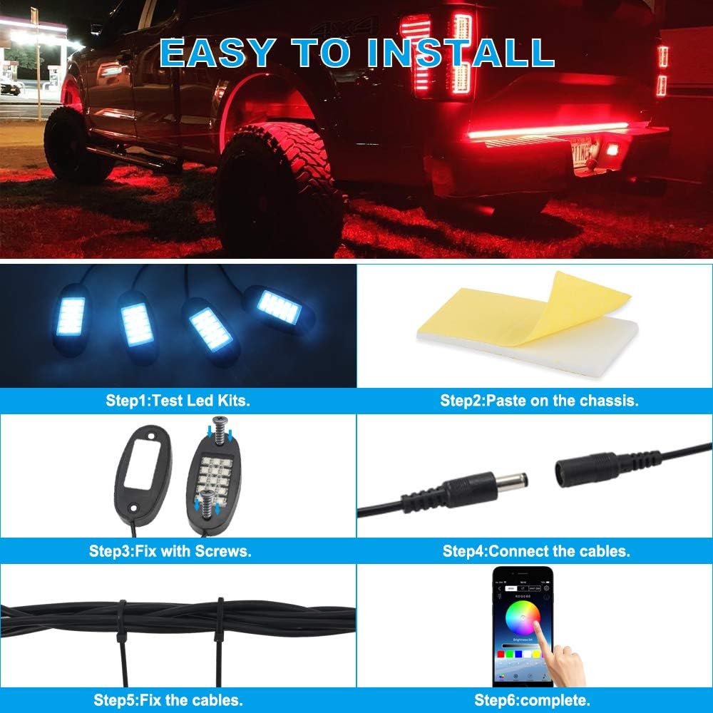 TACHICO RGB LED Rock Lights with APP/Double RF Remote Control,120 LEDs Multicolor Underglow Neon IP68 Flashing Music Timing Mode Light Kits for Jeep Off Road Truck ATV Motorcycle, DC 12V（8 Pods）: Automotive