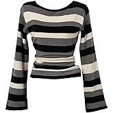 Milumia Women's Color Block Striped Knit Sweater Long Bell Sleeve Ribbed Knit Tops
