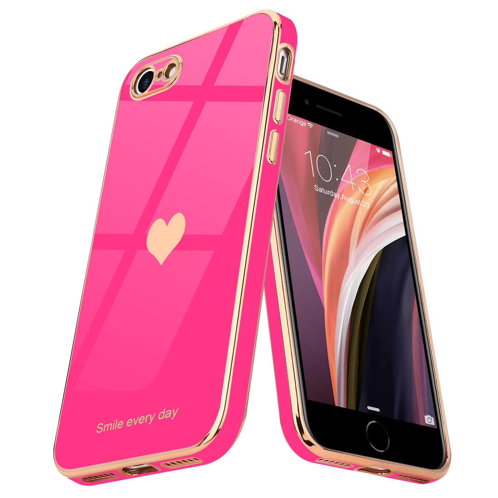 Teageo for iPhone SE 2020/2022 Case, for iPhone 7 Case, for iPhone 8 Phone Case for Women Girl Cute Love-Heart Luxury Bling Soft Cover Camera Protection Bumper Silicone Shockproof Case, Hot Pink