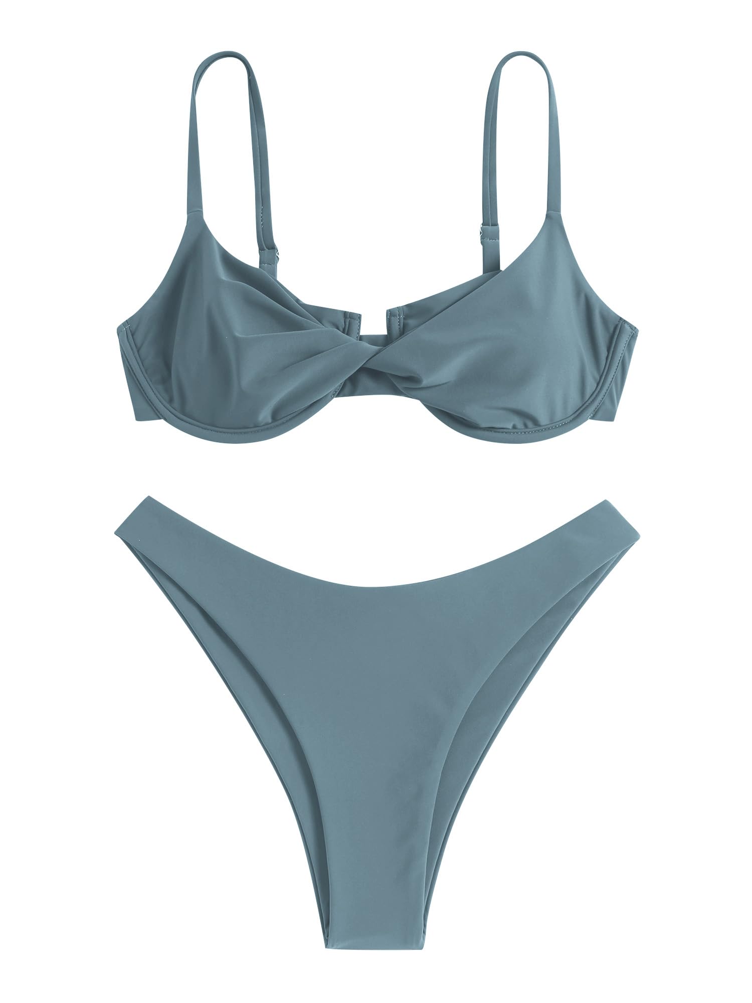Photo 1 of ZAFUL Women's Twist Front Bikini Sets Underwire Tie Back Bikini High Waisted Two Piece Swimsuit (1-Haze Blue, Small)