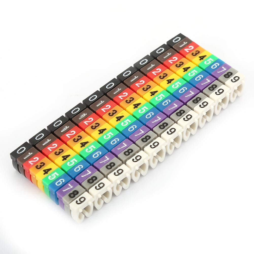 Cable Numbering Kit, Akozon C Shape Coded Clip on Plastic Cable Identification Wire Cord Cable Marker Digital Number Tube Wire Label Colorful for Marking The Color-Coded Cables (100Pcs 4Mm²)