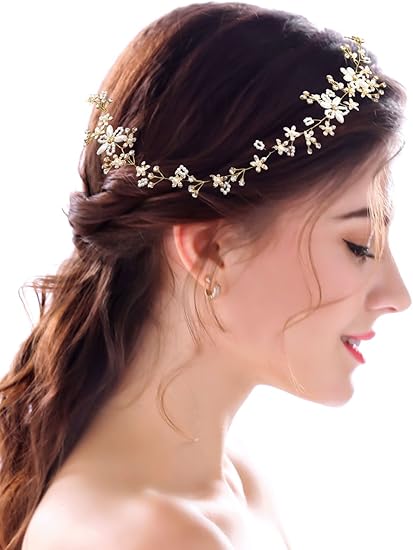 Amazon Com Unicra Wedding Gold Pearl Flower Headpiece Bridal Hair