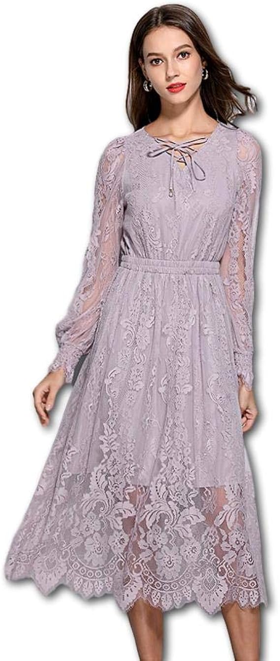 Amazon フリックバード Flickbard レース ワンピース パープル 長袖 膝丈 ワンピース チュニック 通販