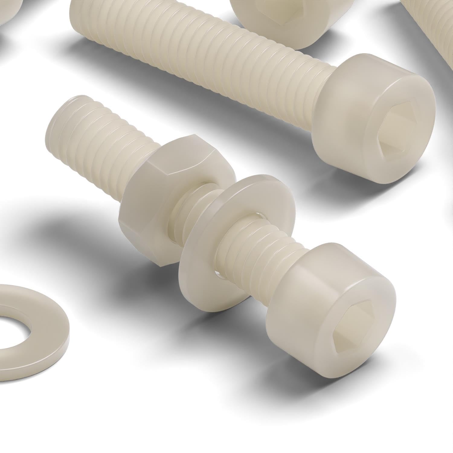 50 x Nylon Natural Socket Head, Plastic Machine Screws, M4 x 20mm, Plastic Bolts, Nuts & Washers