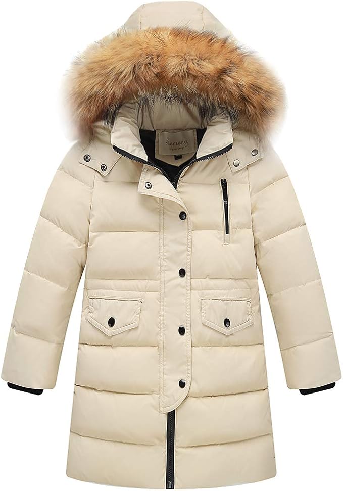 amropi Kids Girls Winter Puffer Jacket Padded Long Coat with Fur Hood