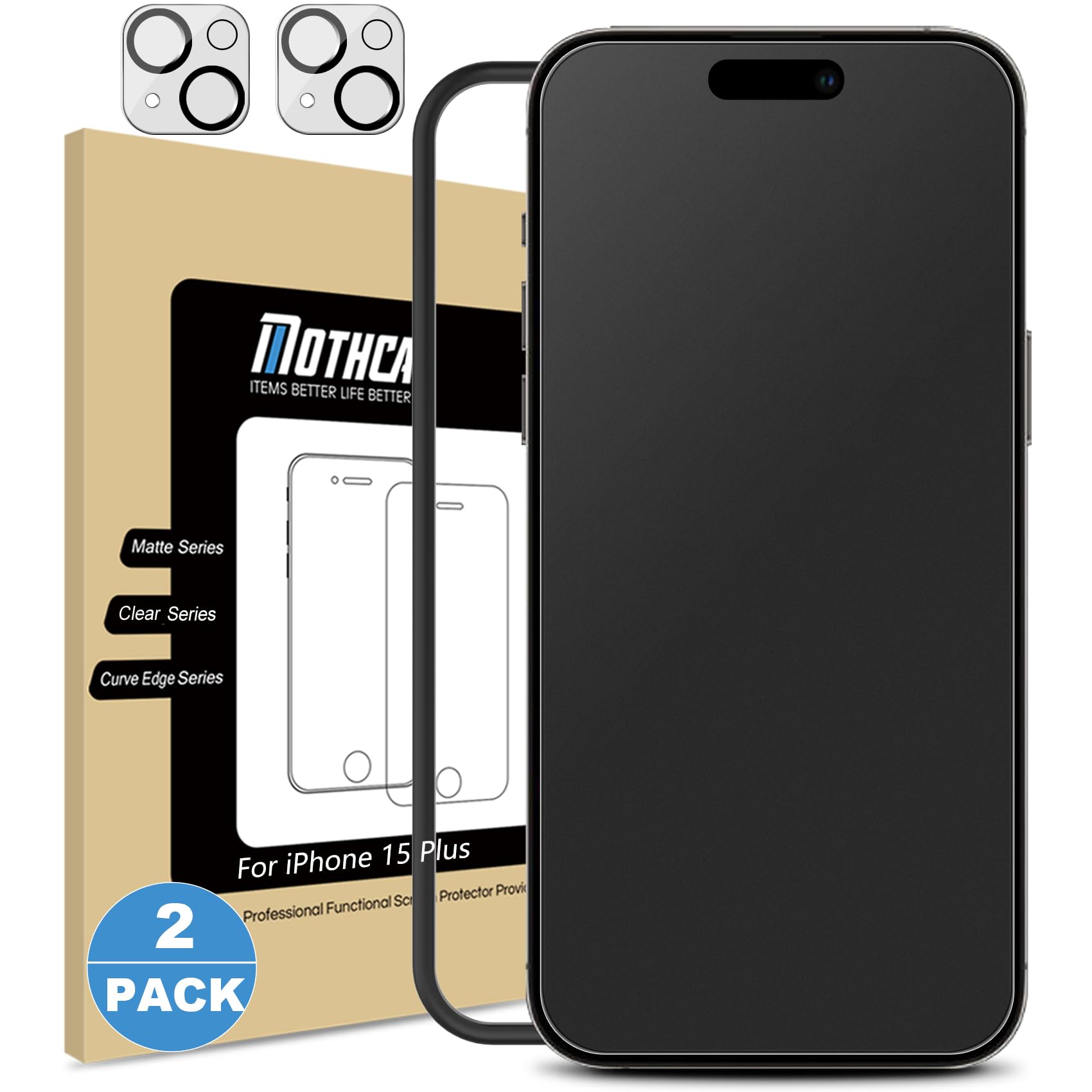 Photo 1 of Mothca 2 Pack Matte Glass Screen Protector for iPhone 15 Plus [6.7 inch] + 2 Pack Camera Lens Protector, Anti-Glare & Anti-Fingerprint Case Friendly Tempered Glass Film, Bubble Free, Smooth as Silk