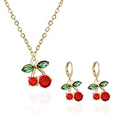 LPYO Cherry Necklace and Earrings Set for Women Elegant Cute Cherry Pendant Necklace Charming Rhinestone Fruit Drop Earrings