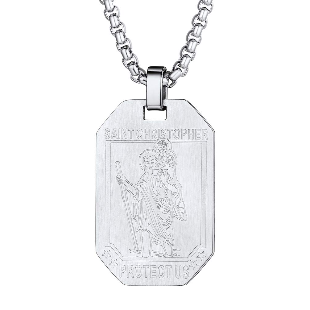 PROSTEEL St Christopher Necklace for Men, Saint Christopher Pendant Chain, Catholic Protection Jewellery Silver Dog Tag (With Gift Box)