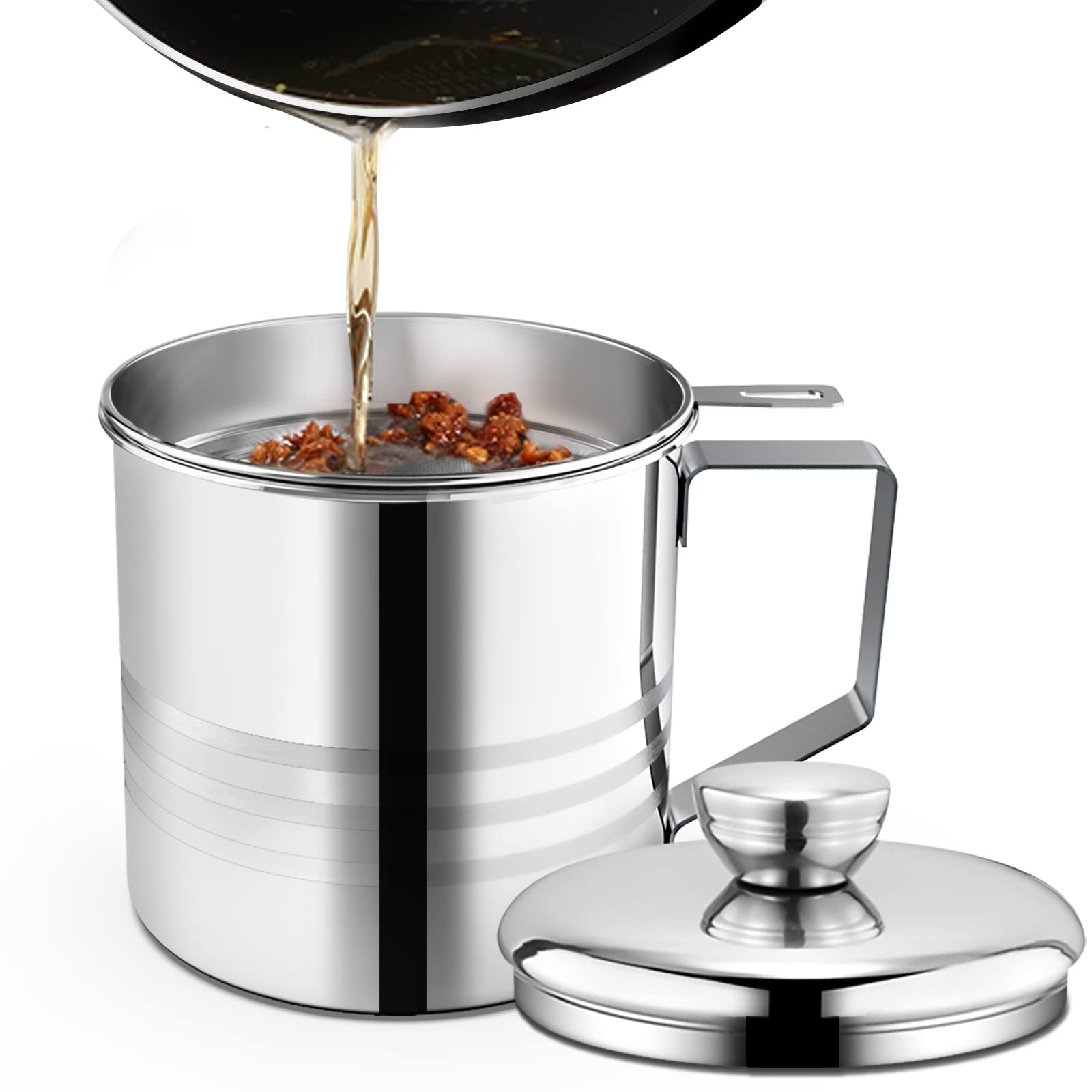 Chihee Oil Strainer Pot Grease Can, 1.2 L Stainless Steel Oil Storage Can Container with Fine Mesh Strainer, Suitable for Storing Frying Oil and Cooking Grease
