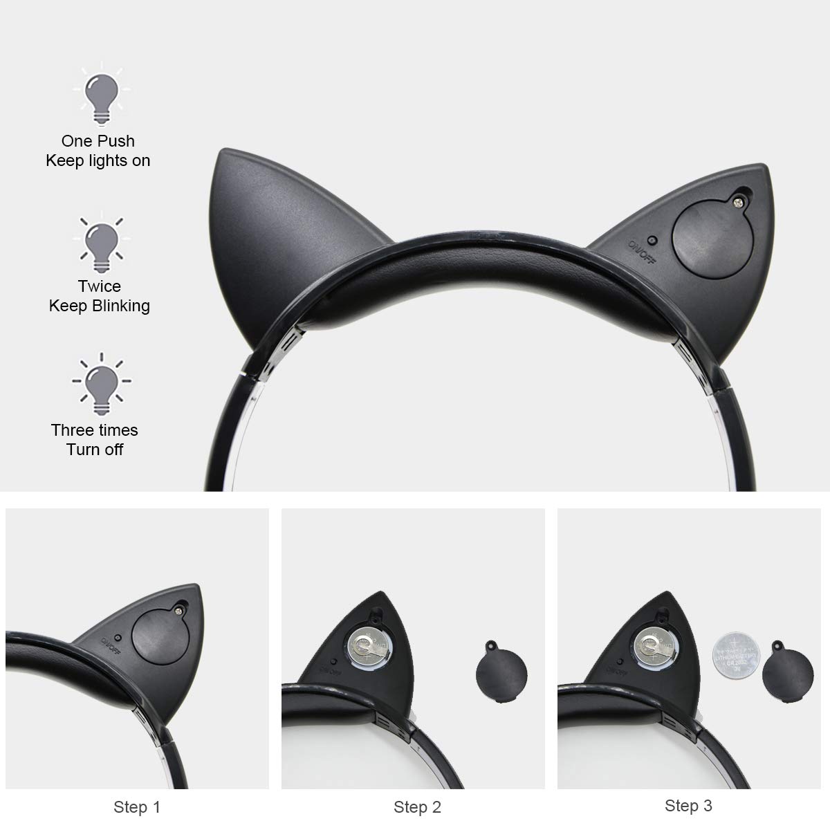 Cat Ear Headphones,barsone Wired Foldable On Ear Headsets with LED Glowing Light 3.5mm Audio Jack Headset for Children (Black)