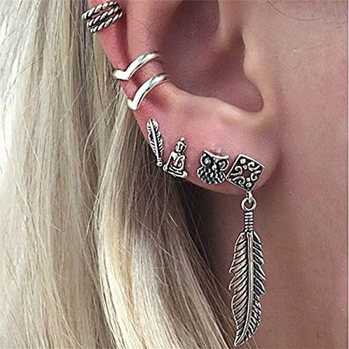 6 Pcs Earrings Set Women Fashion Bohemian Retro Owl Feather Buddha Leaf Jewelry