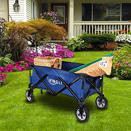 VINGLI Portable Collapsible Utility Wagon,Sturdy Outdoor Folding Garden Sports Shopping Cart, Steel Frame for Beach Park Camping Patio Compact on Wheels Blue