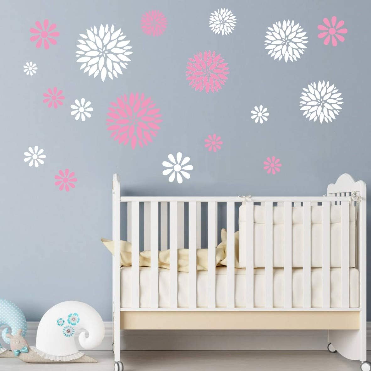 Art Home Decor Nursery Room Sticker Beauty Flowers Decoration Stickers for Girls Bedroom Removable Wall Sticker (Pink+White)