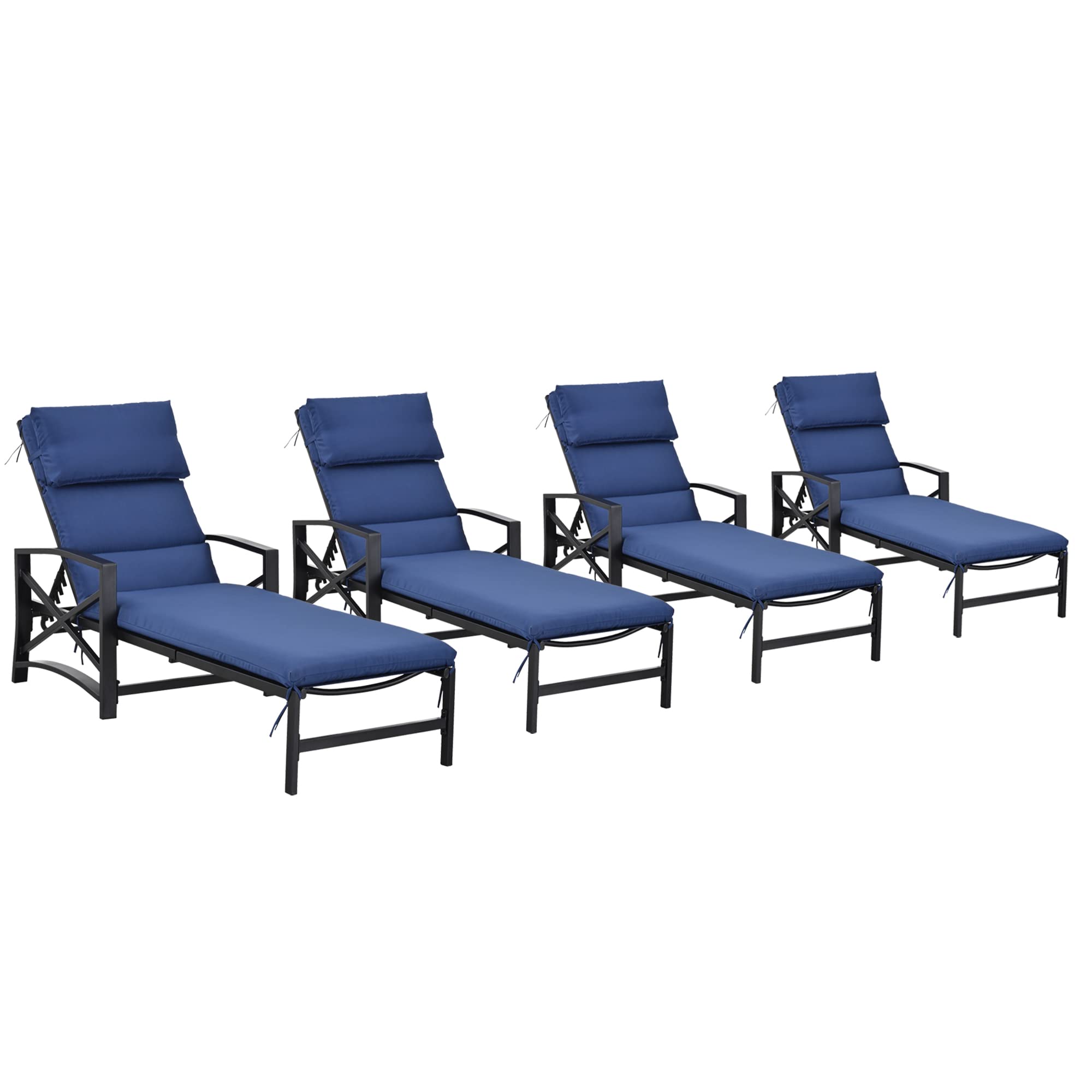 LOKATSE HOME Patio Chaise Lounge Chairs Set of 4 Adjustable with Cushion and Soft Pillow for Pool,Deck,Yard, Blue