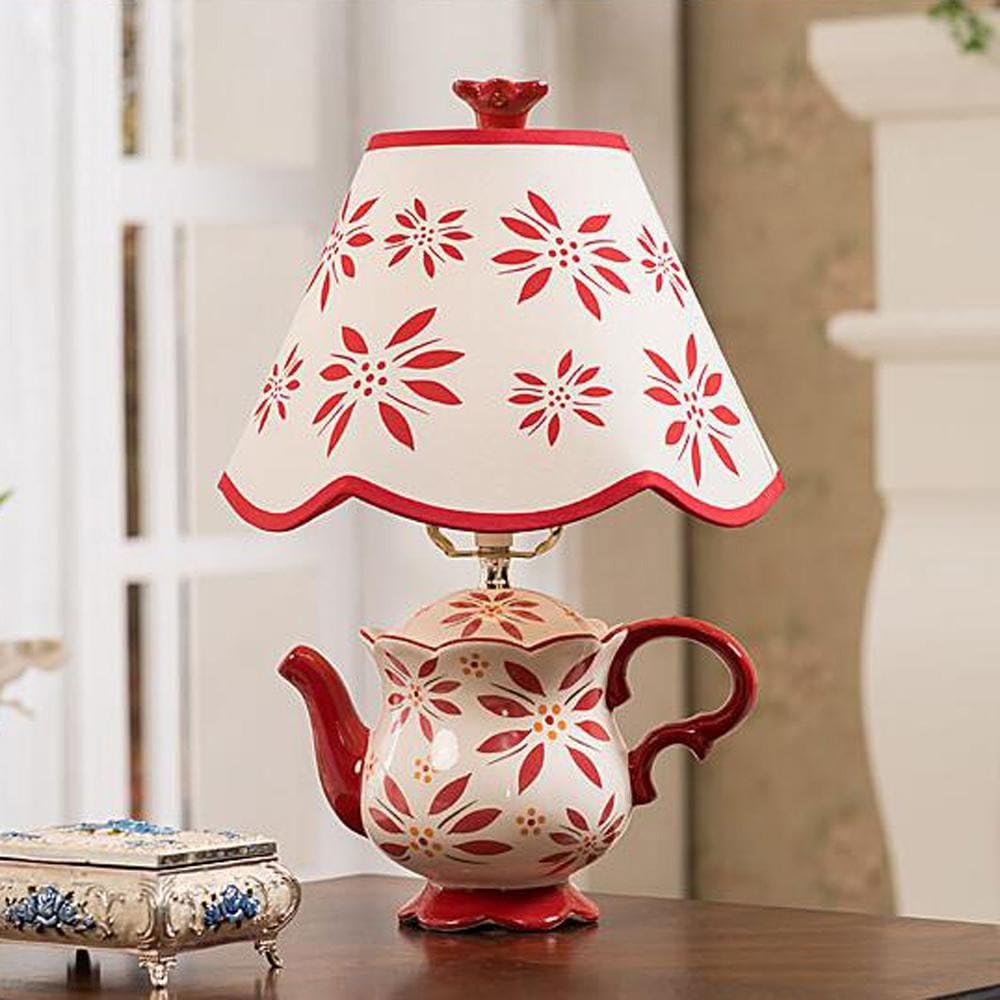 OOFWY E27 Ceramics Teapot Table lamp Classic American Art Style Feature Wedding Bedroom Bedhead Decoration Gifts Desk lamp -Red