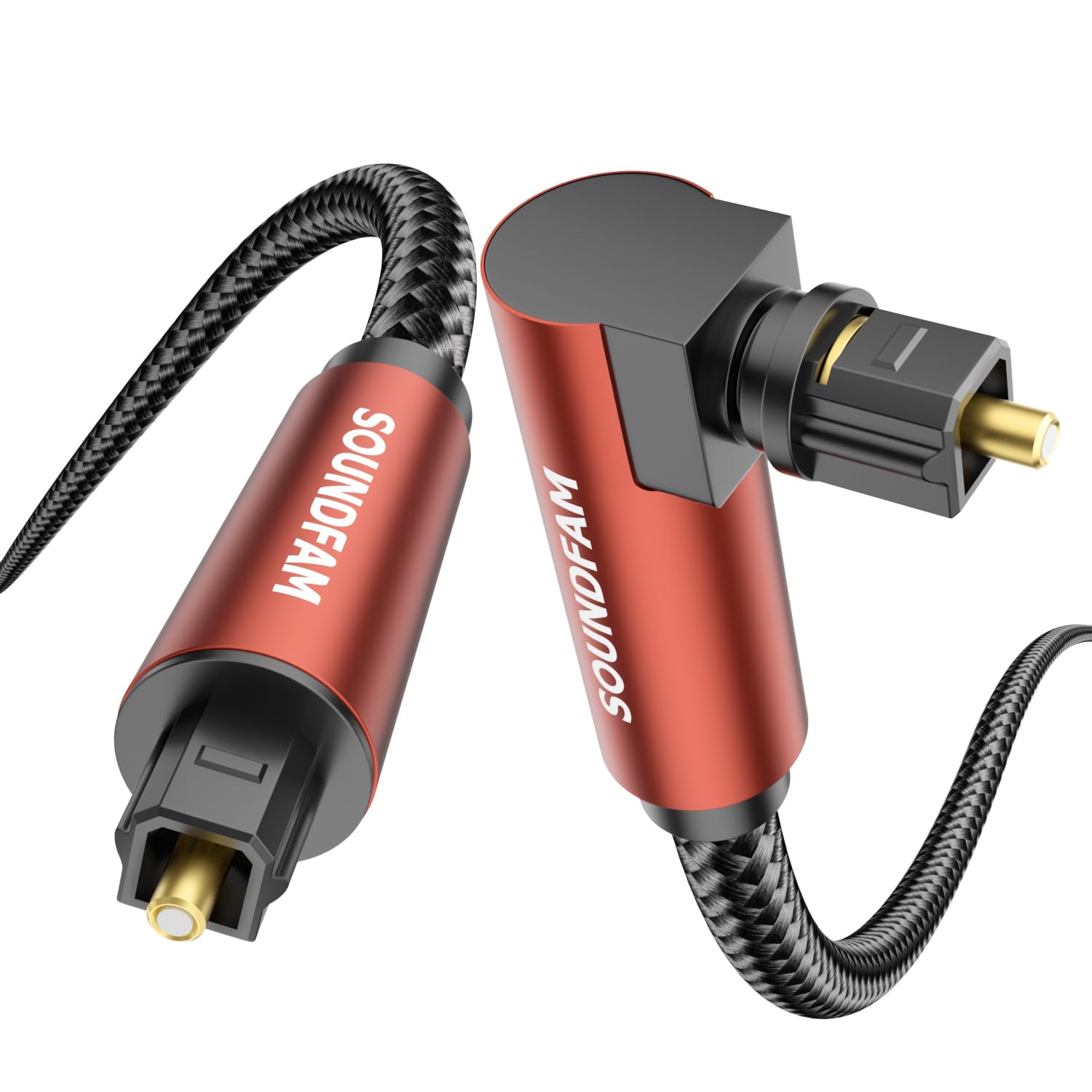 SOUNDFAM Optical Cable for Soundbar to TV - 5m - 90 Degree Optical Audio Cable with 360° Rotate Right Angle TOSLINK Plug - Red
