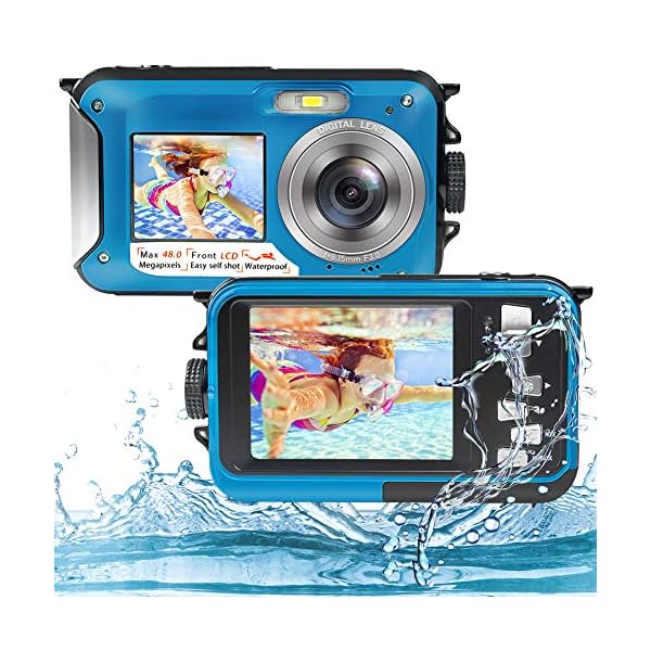 Unterwasserkamera Full HD 2.7K 48MP Unterwasser Kamera zum Schnorcheln wasserdichte Digitalkamera mit Zwei Bildschirmen…