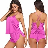 Ekouaer Silk Pajamas Set for Women Satin Backless Lingerie Pjs Cami Top and Shorts Nightwear