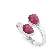 LUSTRE AND LIGHT Natural Raw/Rough Ruby 2 Stone Size Adjustable Stackable Twister Ring for Women in Sterling Silver, July Birthstone Jewelry Gifts for Her (Bezel-Set)