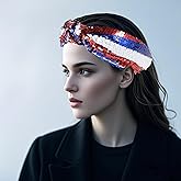 hhdatc 4th of July Red White Blue Sequin BeadedKnotted Headband Patriotic American Flag Independence Day Hair Accessory Gift for USA Independence Day
