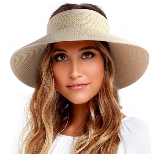 FURTALK Sun Visor Hats for Women Wide Brim Straw Roll-Up Ponytail
