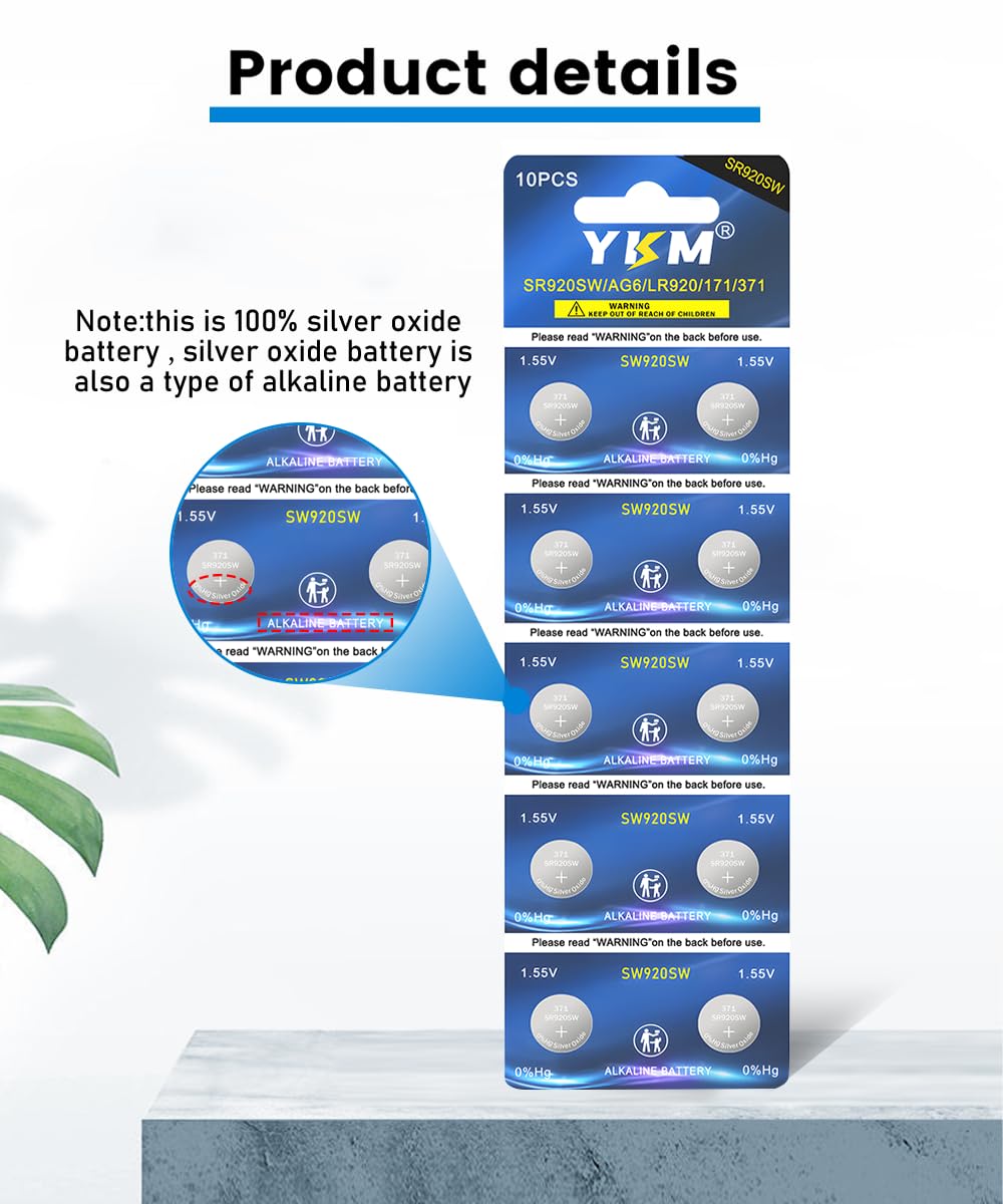 YKM 371 SR920SW Battery AG6 370 371 V371 1.55V Silver Oxide Batteries Replacement for Watch Button Coin Battery 20 Pack