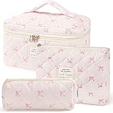 MZLUWM 3Pcs Makeup Bag Cute Cosmetic Bags for Women, Large Capacity Travel Quilted Makeup Bag Set,Cotton Floral Makeup Pouch, Coquette Puffy Toiletry Bag,Attractive Quilted Pouch (Pink bow)