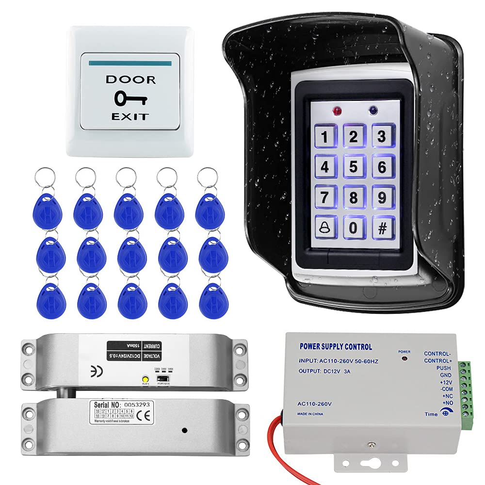 KUMU 7612 Outdoor Waterproof RFID Door Access Control System Metal Keypad+ Electric Drop Bolt Lock + Rainproof Cover+Exit Button+15pcs Keyfobs for Home/Office,Multicolor