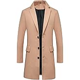 Lisskolo Men's Classic Wool Trench Overcoat Single Breasted Mid Long Wool Blend Top Pea Coats Jackets