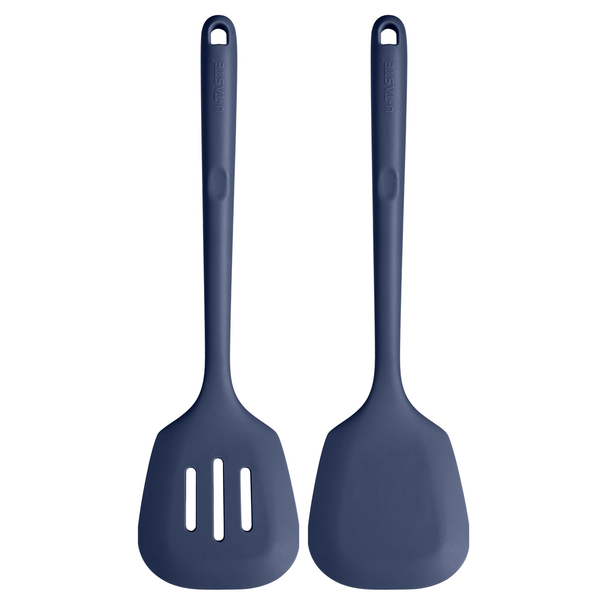 U-Taste 34.5 cm Extra Long Silicone Turners, 315℃ Heat Resistant Solid & Slotted Kitchen Spatula, Non Stick Flexible Rubber Cooking Flipper for Frying, Flipping Fish, Pancake (Midnight Blue, 2pcs)