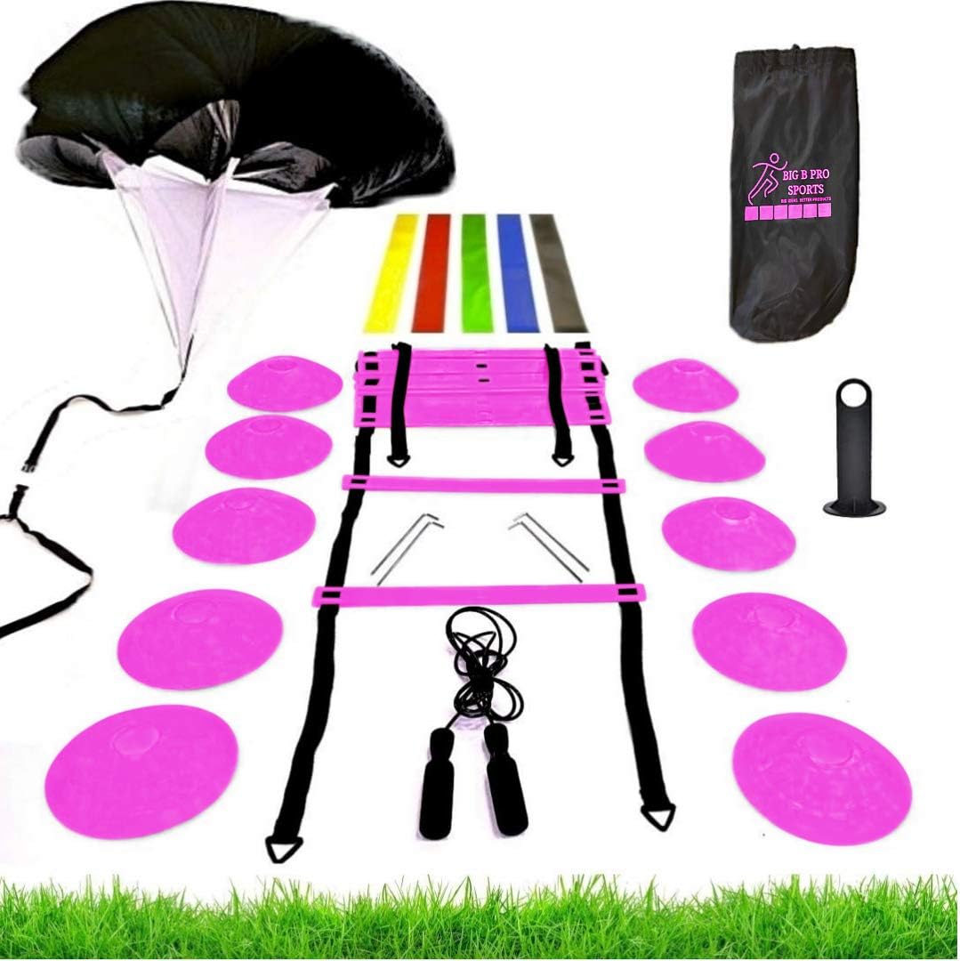 Big B Pro Sports Speed Agility Training Set - Includes Ladder, 10 Cones with Holder, Running Parachute, Jump Rope, Resistance Bands - for Training Football, Soccer, Hockey, and Basketball Athletes. : Sports & Outdoors