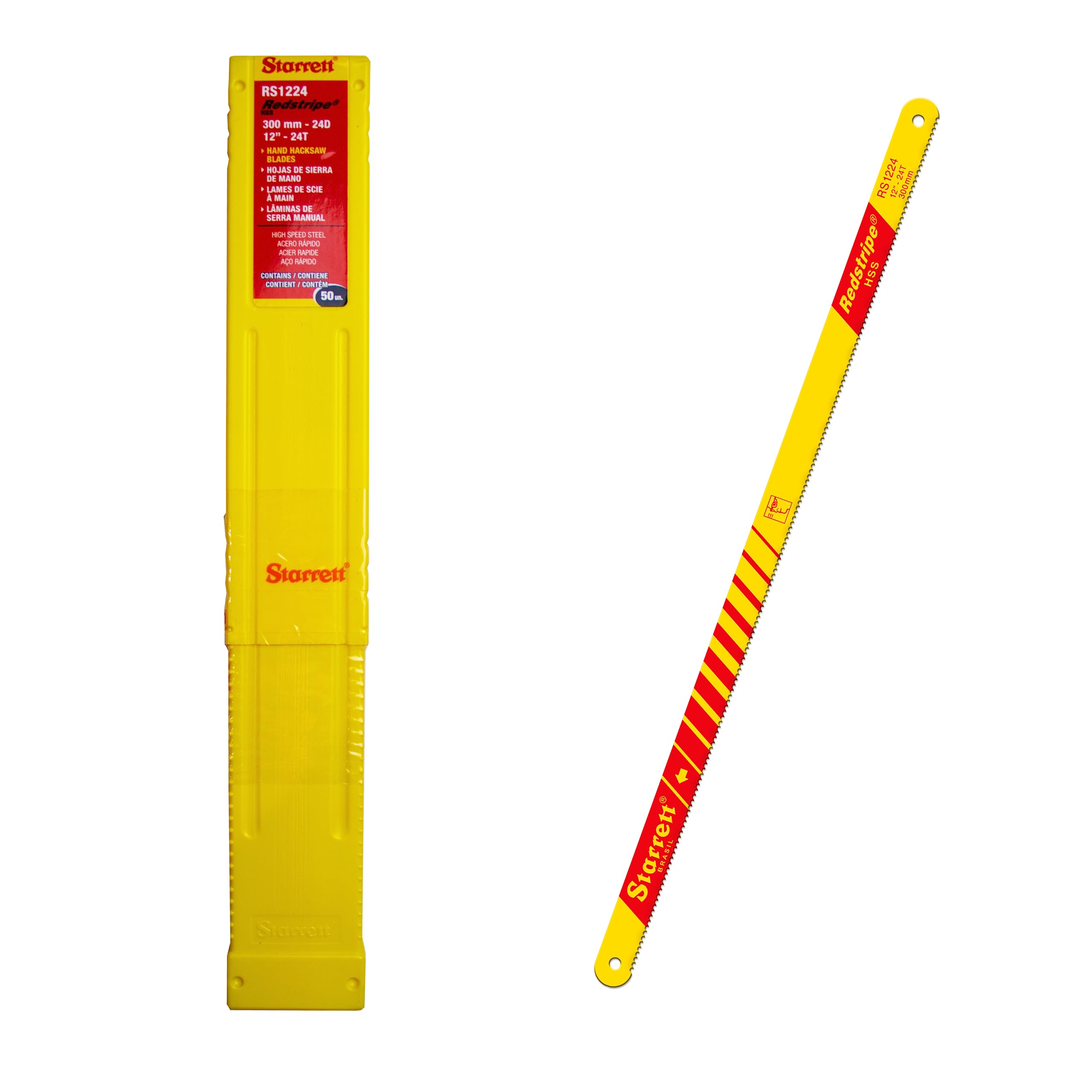 Starrett HSS Hand Hacksaw Blades - 50 Pack RS1224 Redstripe Solid High Speed Steel Straight Cut Hand Saw 300mm/12" 24 TPI Cutting Edge - For Metals, Stainless Steel, Pipes