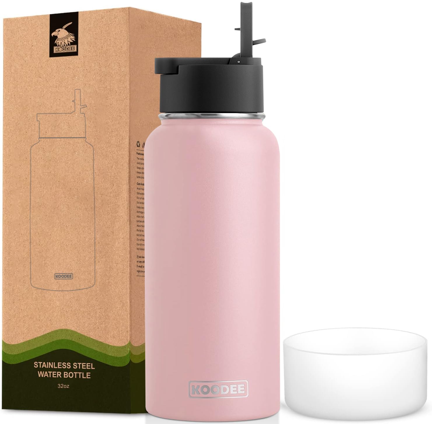 Photo 1 of Koodee Water Bottle with Straw 32 oz Stainless Steel Double Wall Vacuum Insulated Wide Mouth Water Flask-Reusable Metal Sports Water Bottle for Women (Light Pink)