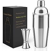 LUCKYGOOBO Cocktail Shaker with Double Measuring Jigger,Professional Stainless Steel 24oz Martini Shaker Set,Drink Built-In Strainer,Bartender Kit.