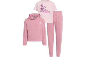New Balance Girls 3pc Sweatsuit - Cotton Blend Fleece Activewear Set - Pullover Crewneck Hoodie, T-Shirt, Jogger, (4-12)