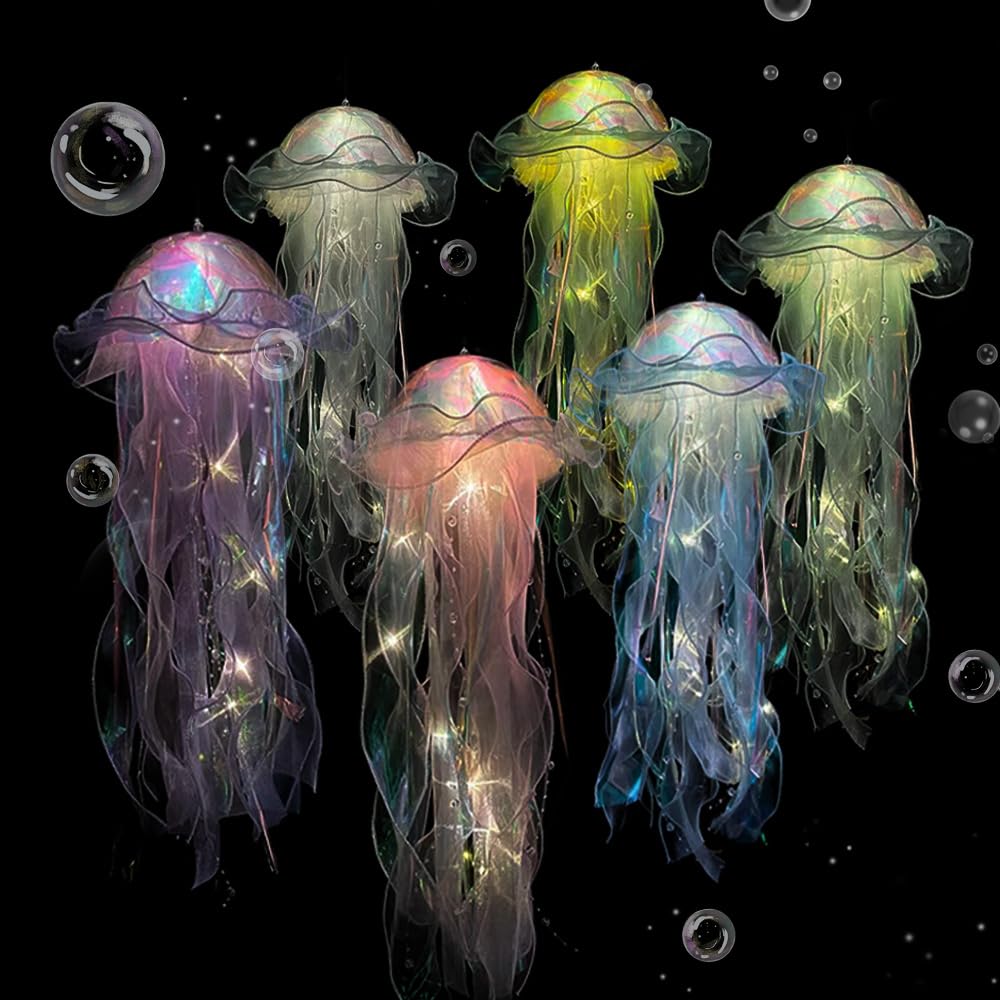 HIULLEN 6PCS Jellyfish Light, Hanging Jellyfish Lamp, Mermaid Jellyfish Lanterns, Glowing Jellyfish Lamp, Jellyfish Garden Light, Light Up Jellyfish Lamps for Ocean Theme Party Yard Landscape Garden