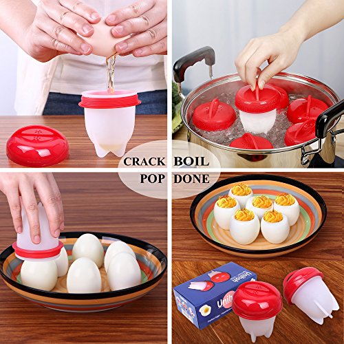 Egg Cooker Hard & Soft Boiled Maker Set 6 Packs Nonstick Silicone Eggs Boiler Cookers Egg Poacher Steamer Without Egg Shell (Red)
