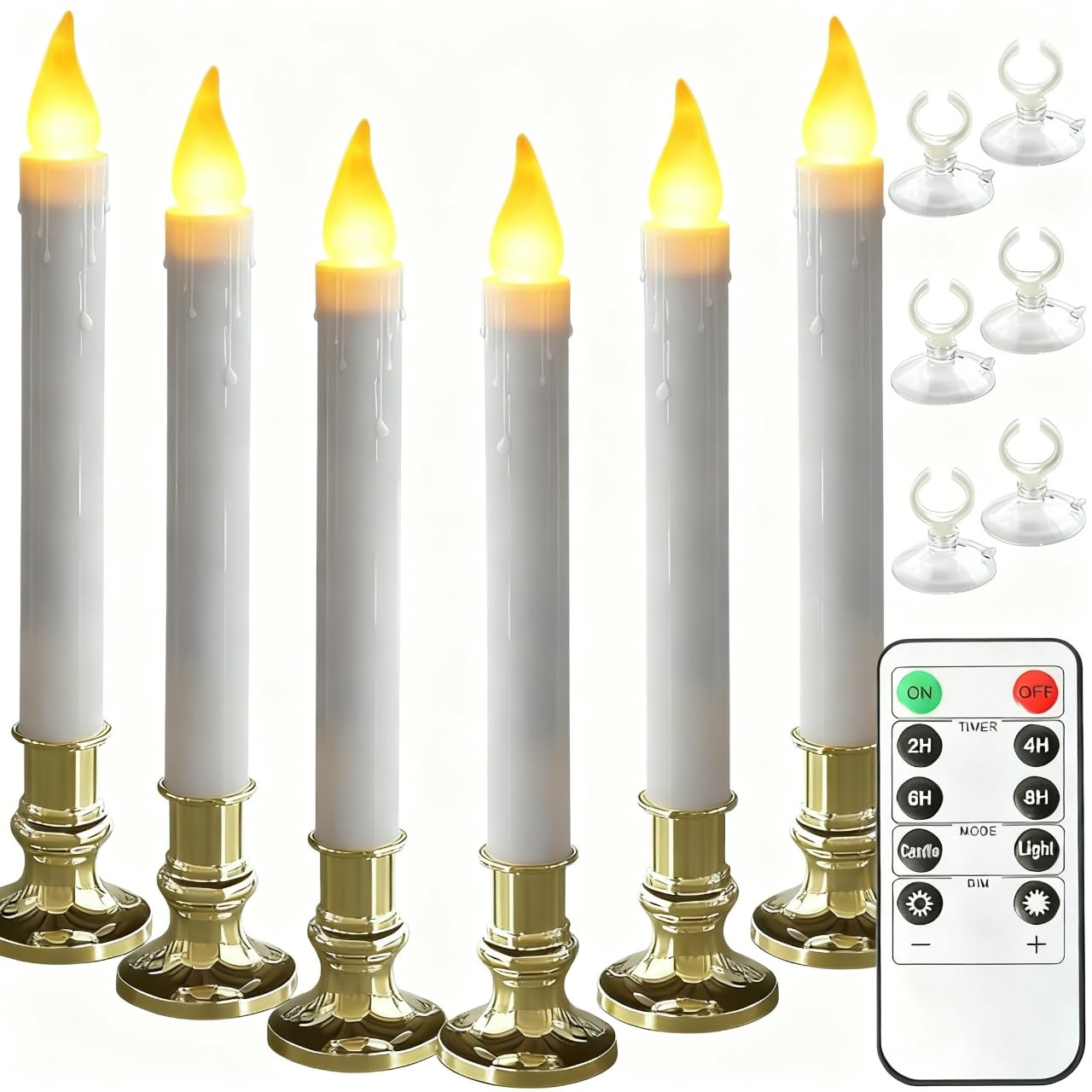 Taokftly Flameless Candles Christmas Window Candles - 9.3in Flameless Taper Candles with Suction Cups Flickering Timer for Halloween Christmas Wedding Home Decor Candlesticks Fireplace (6pcs-Gold)