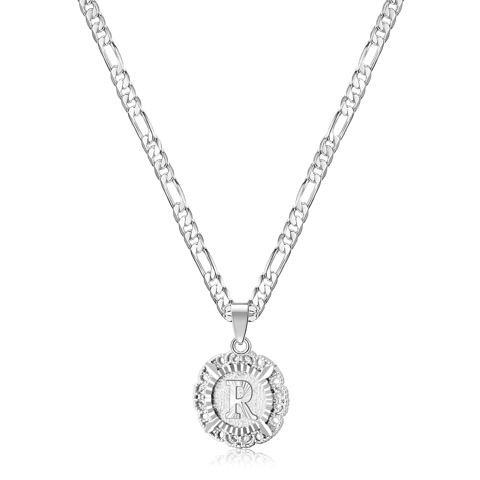 KissYan Initial Necklace For Women Girl,14K Gold Plated Round Letter Pendant Necklace White Gold Capital Monogram Necklace Silver Alhpabets from A-Z Figaro Chain Necklace(White Gold R)