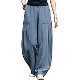 IXIMO Women's Linen Wide Leg Pants Casual Elastic Waist Loose Lantern Trousers Front Pockets