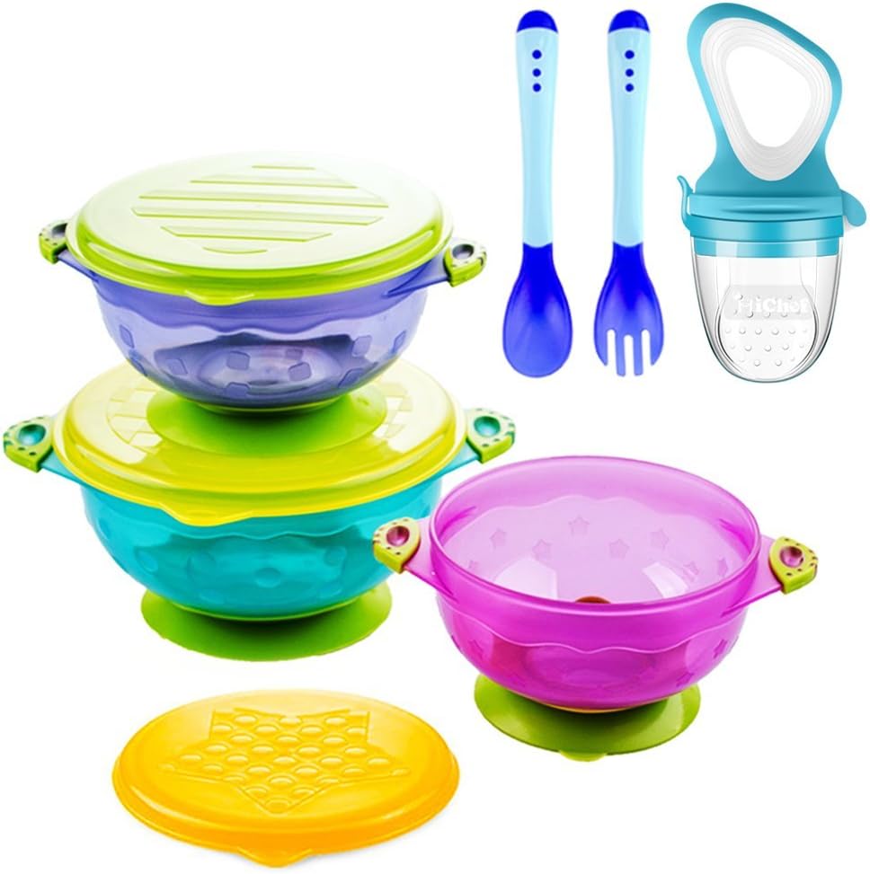 Suction Baby Bowls for Toddlers, Baby Feeding Bowls Set with Fresh Food Feeder and 2 Hot Safe Baby Spoon and Fork - Perfect Baby Shower Gift Set of 3 Stay Put Suction Bowls with Lids -BPA Free
