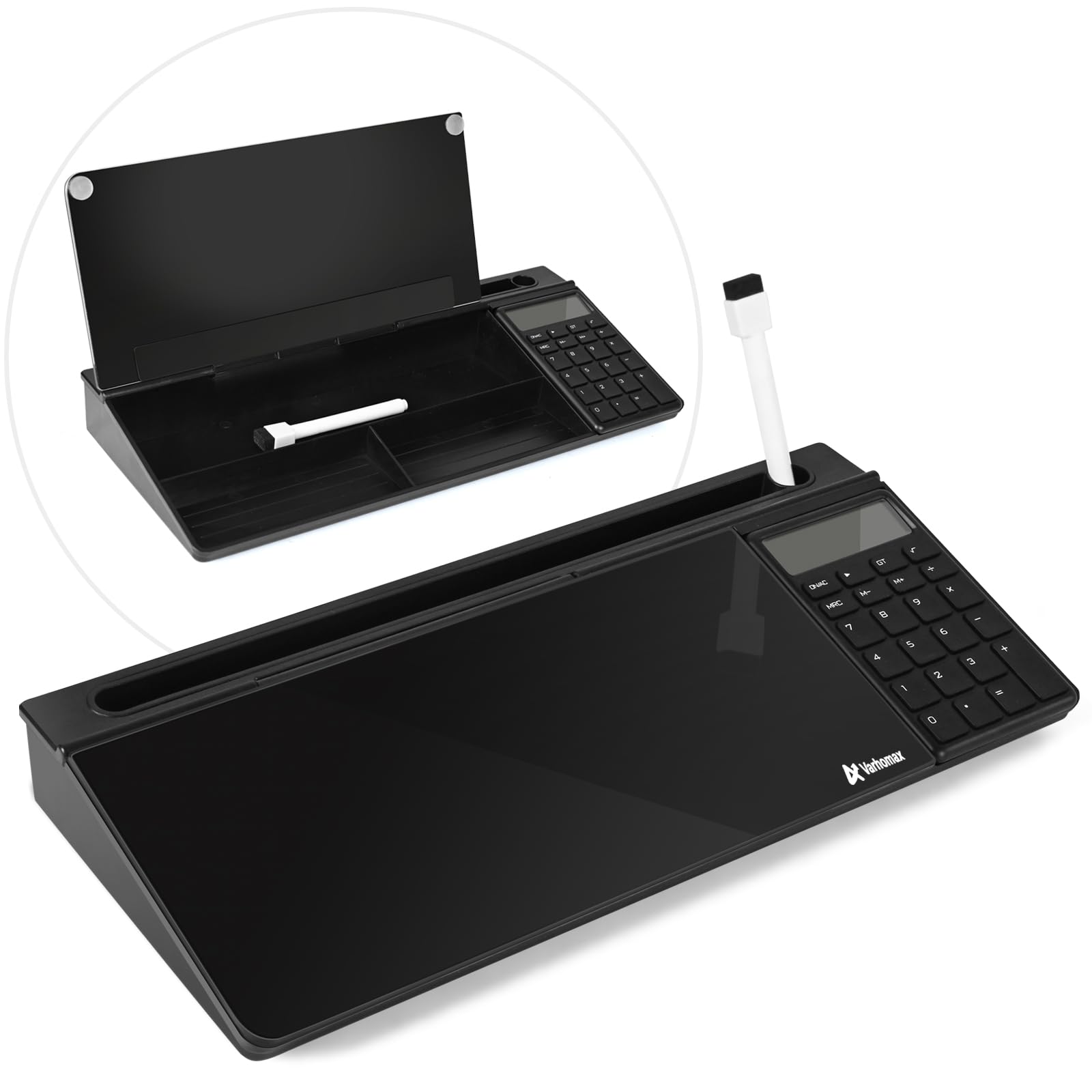 Photo 1 of Varhomax Glass Desk Whiteboard Black with Calculator, Desktop Dry Erase White Board with Storage, to Do List Memo Notepad for Home and Office