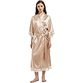 Women's Satin Robe Long Silk Kimono Bathrobe Lace Trim Bride Bridesmaid Robes Wedding Party Sleepwear Loungewear