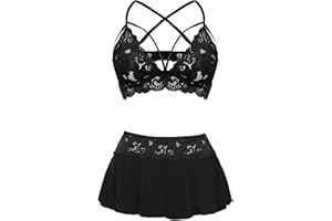 CRIPOM Sexy Lingerie for Women 3 Piece Lace Bralette, Mini Skirt with G-String