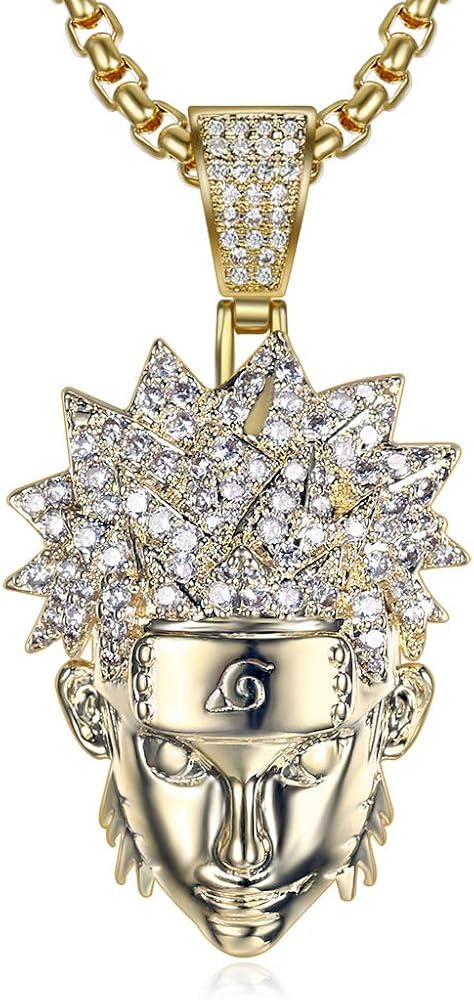 Moca Jewelry Iced Out Uzumaki Naruto Pendant 18K Gold Plated Chain Bling CZ Simulated Diamond Hip Hop Necklace for Men Women