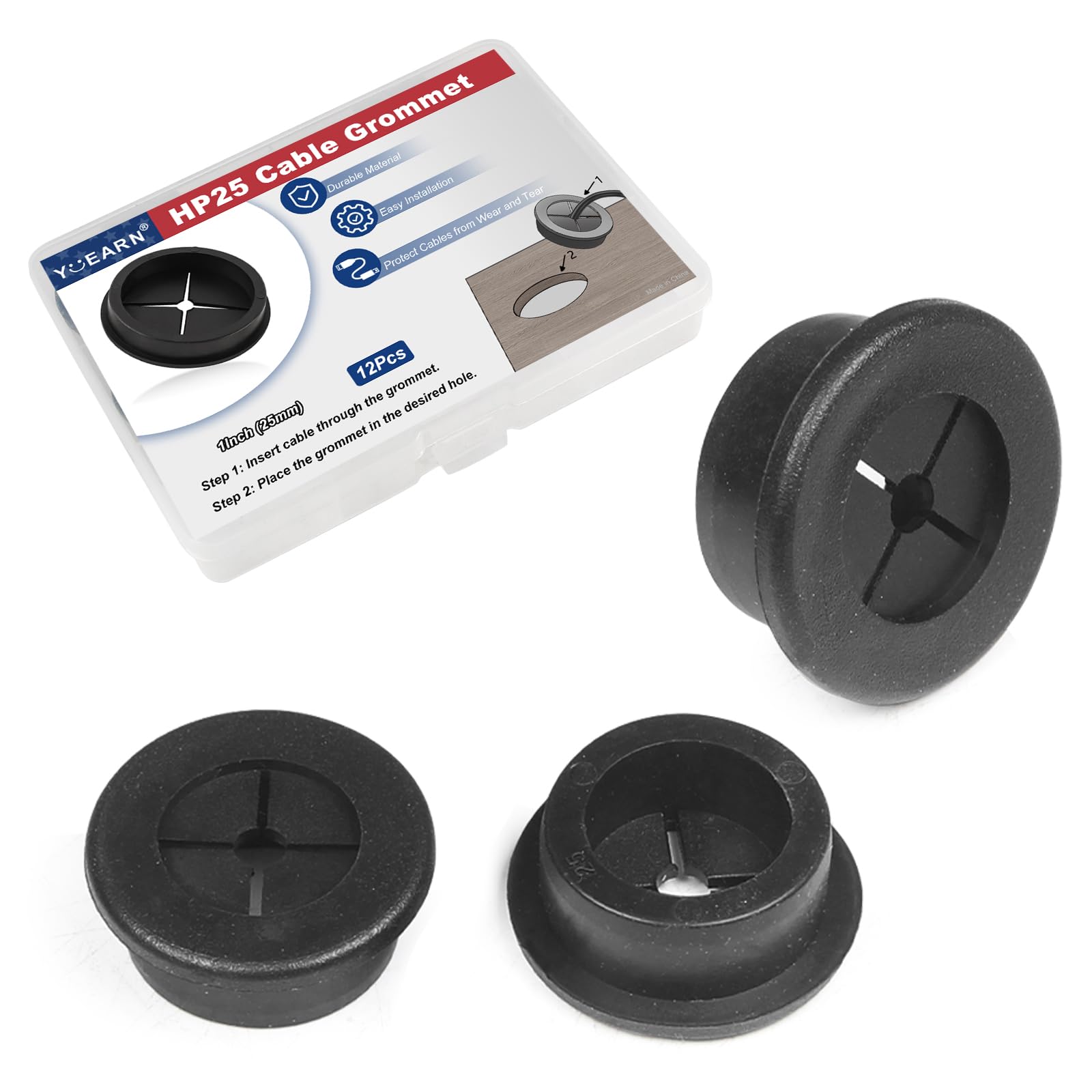 Photo 1 of 1 Inch Cable Grommet (25mm) – 12 Pcs Flexible Rubber Wire Hole Covers for Server Racks, Network Boxes, Thick Cable Management (Black)