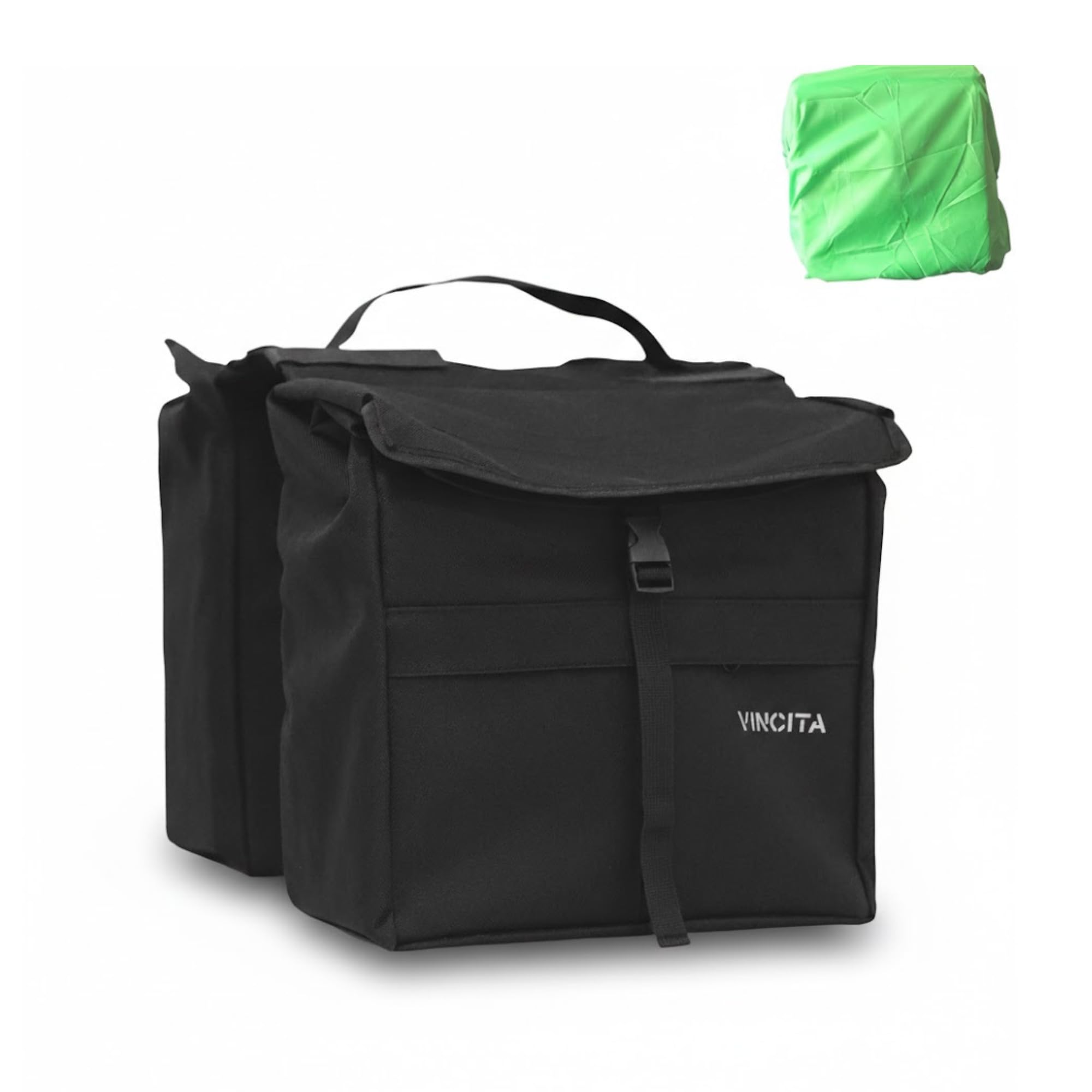 Vincita Top Load Double Pannier Water Resistant Cycling Side Bags - with Rain Cover, Large, Carrying Handle, Reflective Spots - - (Black)
