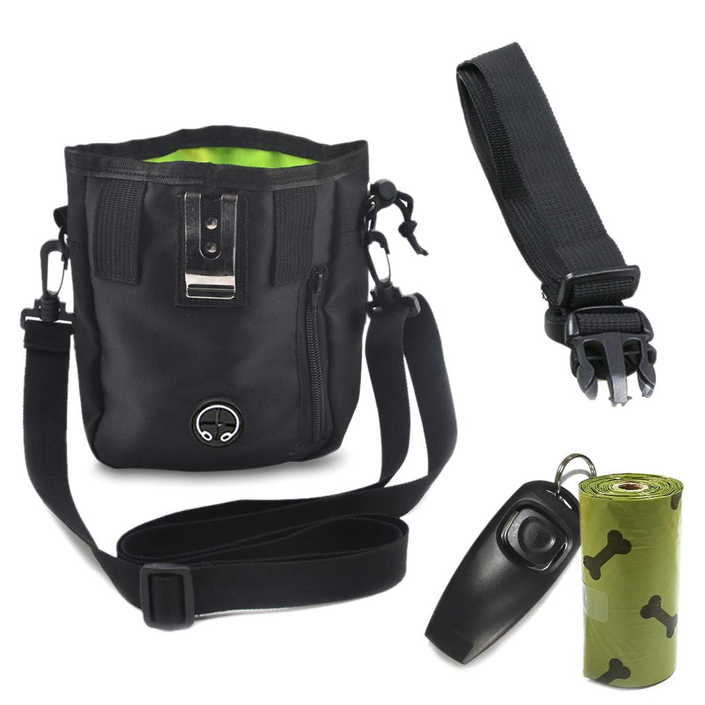 Andiker Dog Treat Pouch, All-In-1 Lightweight Training Bag for Pets with Training Clicker and Eco-friendly Biodegradable Pet Poop Bags Large Capacity Food Storage Water-resistant Reflective (black)