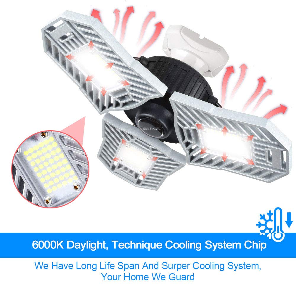 Garage Light 6000 Lm Deformable LED Garage Ceiling Lights 60W CRI 80 Led Shop Lights for Garage 3 Adjustable Panels Utility Led Garage Lighting (No Motion Activated) (60W Standard)